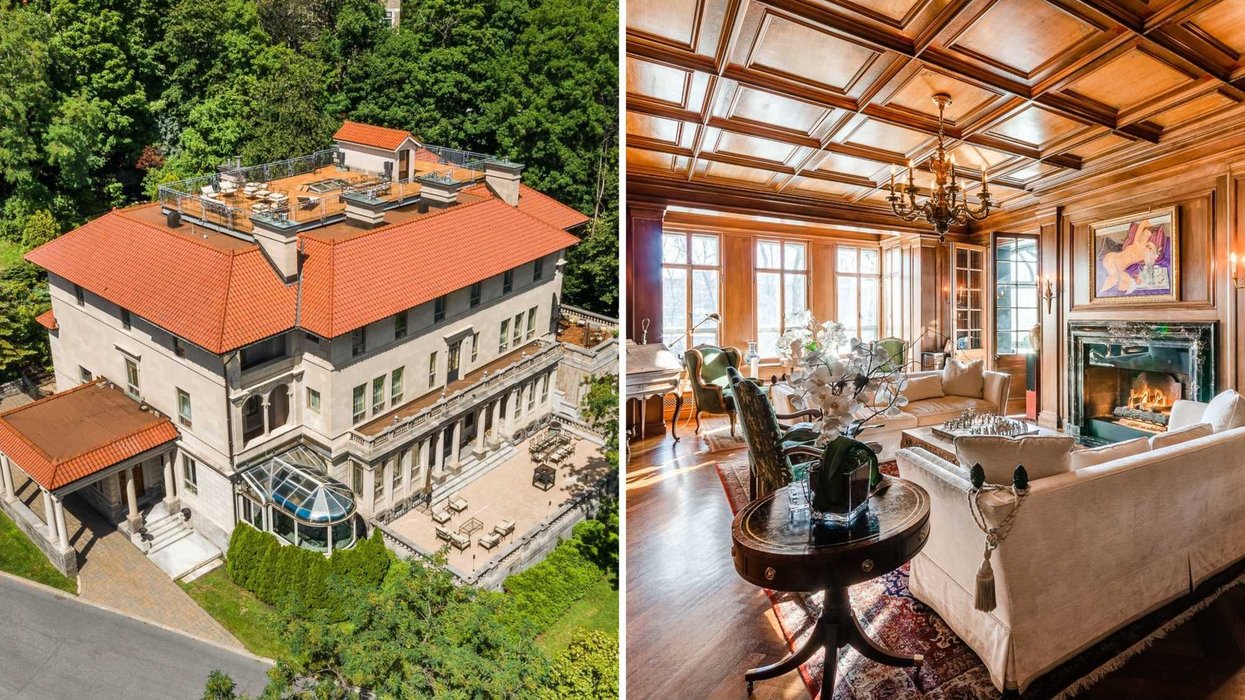 Le manoir vu du haut. Droite : un salon.