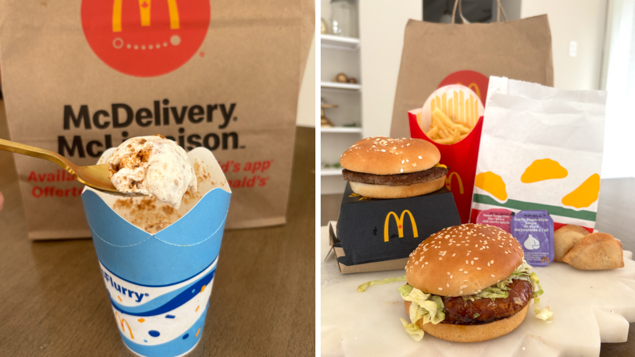 Le McFlurry Biscoff avec une cuillère dedans. Droite : Les articles du menu Mission : saveurs mondiales du McDonald's.