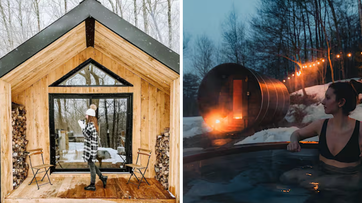 Le mini-chalet Le Kamp en hiver. Droite : La zone spa accessible aux locataires du mini-chalet Le Kamp à Rawdon.