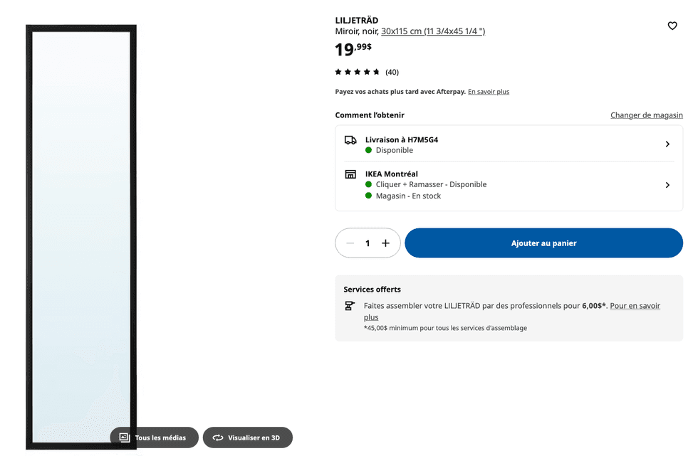 Le Miroir LILJETR\u00c4D sur le site Web du IKEA.