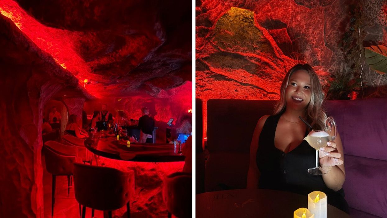 Le Mona Loa, qui te transporte au coeur d'un volcan. Droite : Izabelle Bee et un cocktail au Mona Loa.