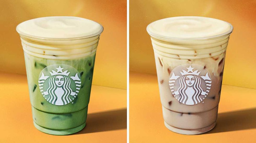 Le nouveau matcha glac\u00e9 avec cr\u00e8me \u00e0 la mangue. Droite : Le nouveau chai glac\u00e9 avec cr\u00e8me \u00e0 la mangue.