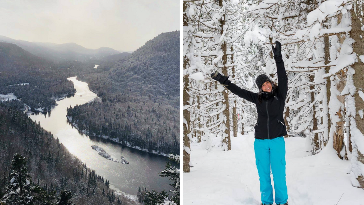 Le parc national de la Jacques-Cartier. Droite : Une randonneuse dans la neige.