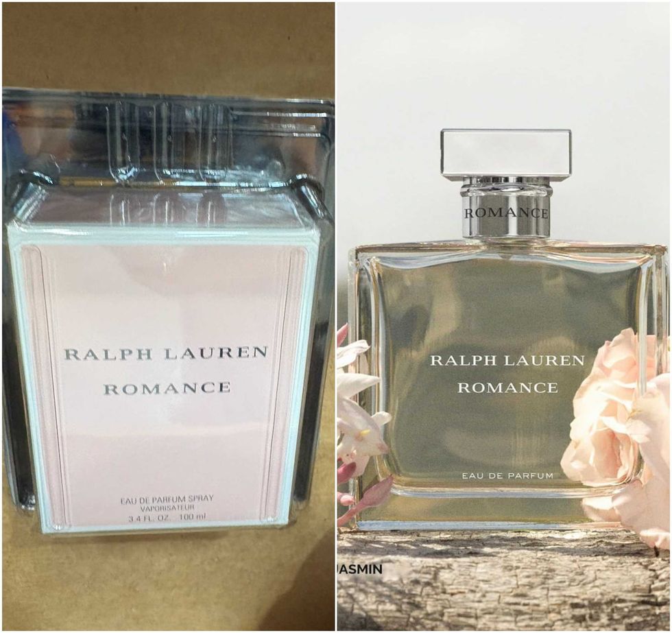Le parfum Romance de Ralph Lauren au Costco. Droite : Le parfum Romance de Ralph Lauren sur le site d'Amazon.