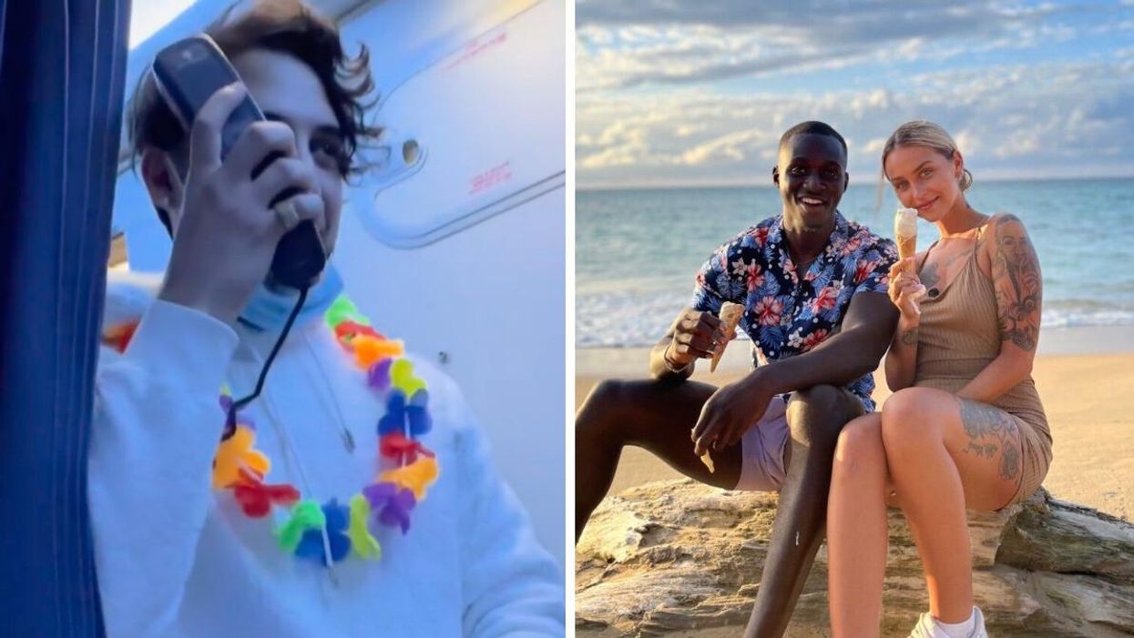 Le party dans l'avion de Sunwing. Droite : Kharl et Amélie de L'île de l'amour saison 2.