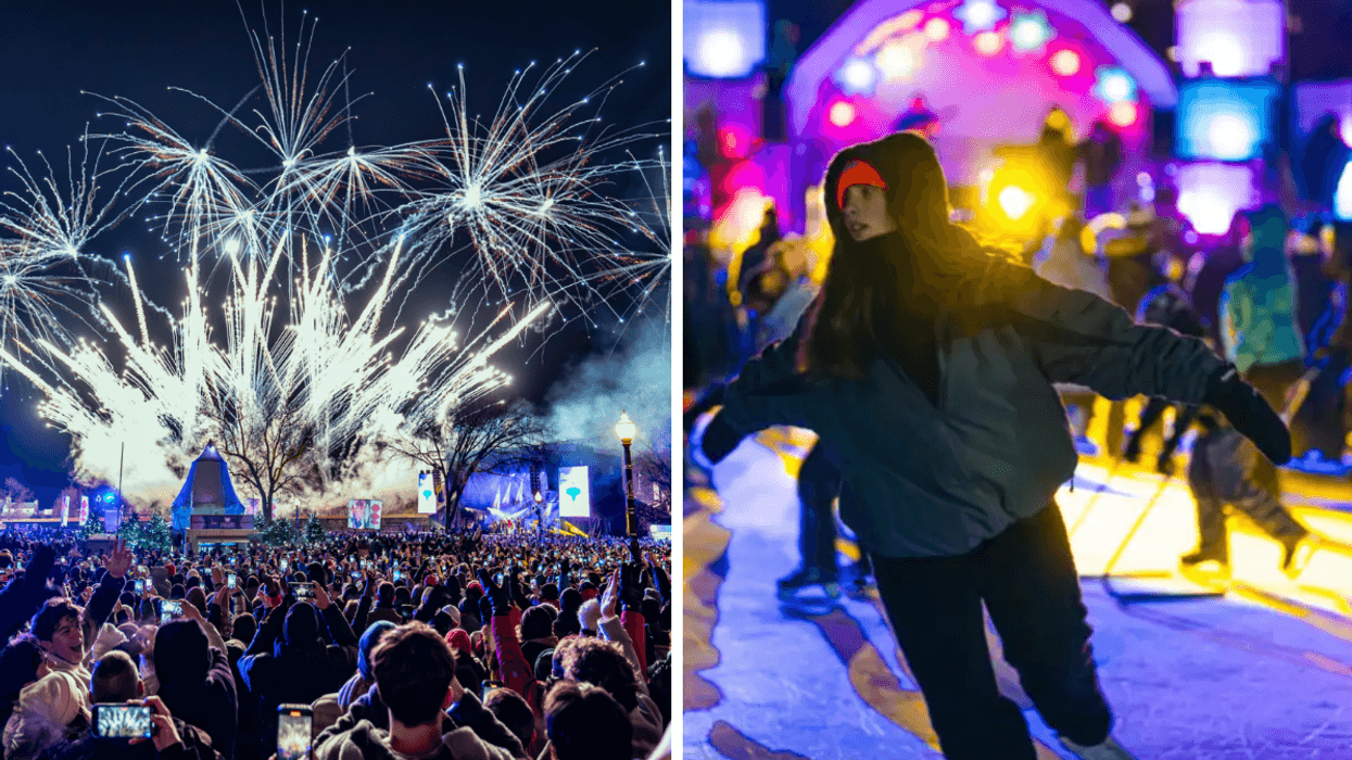 Le party du festival Toboggan. Droite : Une personne qui patine à la Discoglace.
