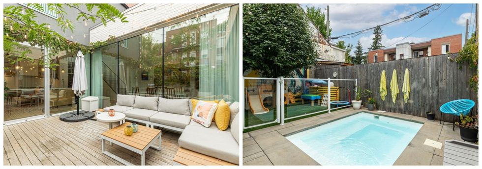 Le patio. Droite : La piscine creus\u00e9e et la cour.