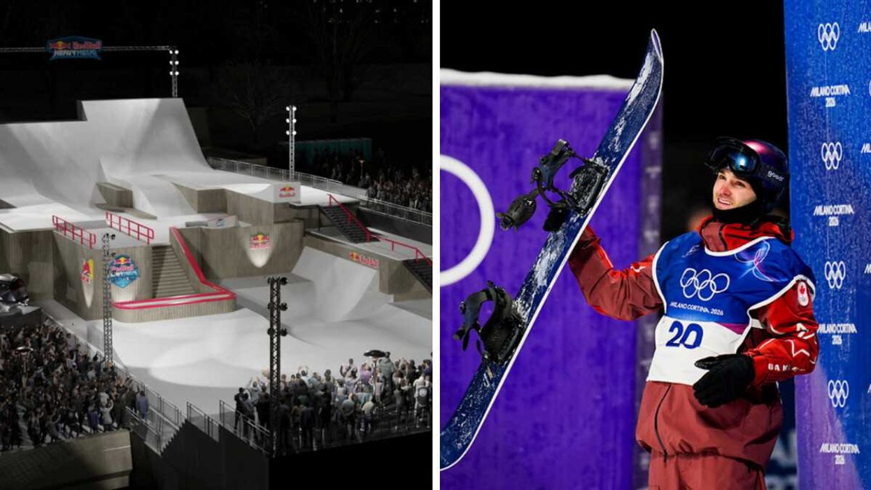 Le plan de la compétition Red Bull Heavy Metal. Droite : L'Olympien Francis Jobin d'Équipe Canada.