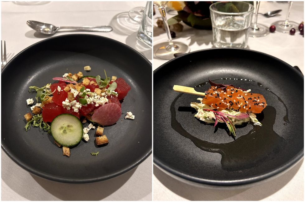 Le plat de melon du Gaspar pour MTL \u00e0 Table. Droite : Les bonbons de saumon du Gaspar pour MTL \u00e0 Table.