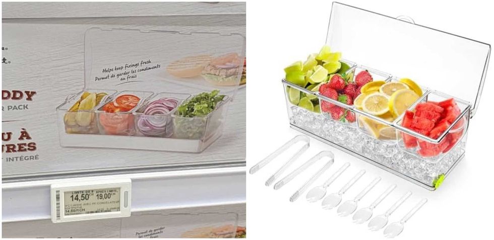 Le plateau \u00e0 garnitures Le Choix du Pr\u00e9sident affich\u00e9 en rabais \u00e0 14,50 $ au Maxi. Droite : Le serveur \u00e0 condiments r\u00e9frig\u00e9r\u00e9 \u00e0 4 compartiments Jucoan sur Amazon.