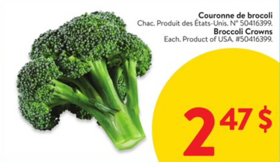 Le prix des couronnes de brocoli dans la circulaire du Walmart.