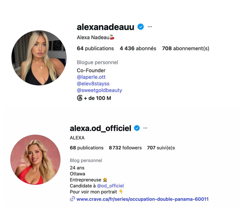 Le profil Instagram d'Alexa Nadeau d'Occupation Double Panama le jour du d\u00e9voilement du 11 ao\u00fbt, et en date du 14 septembre.
