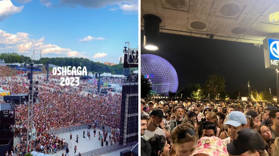 Le public d'Osheaga. Droite : L'attente pour le m\u00e9tro.