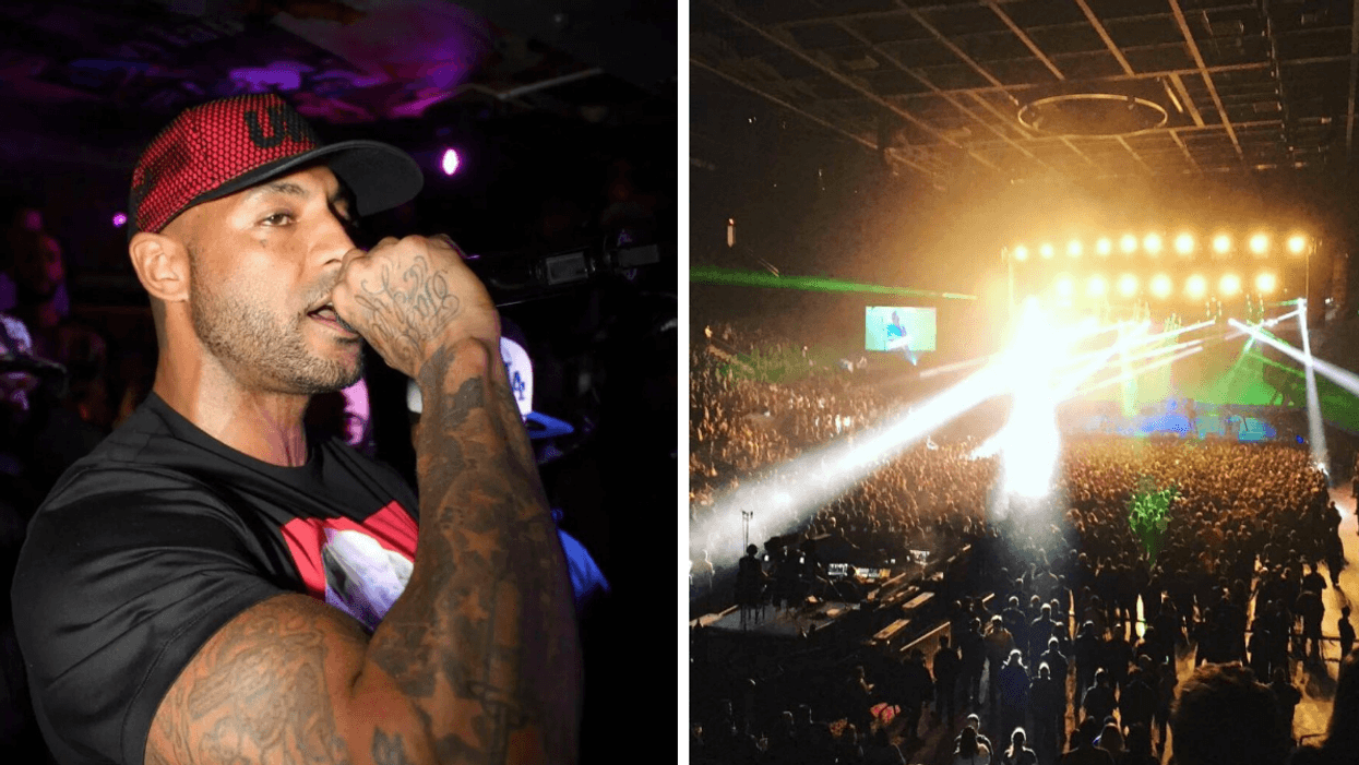 Le rappeur Booba. Droite : Spectacle à la Place Bell.