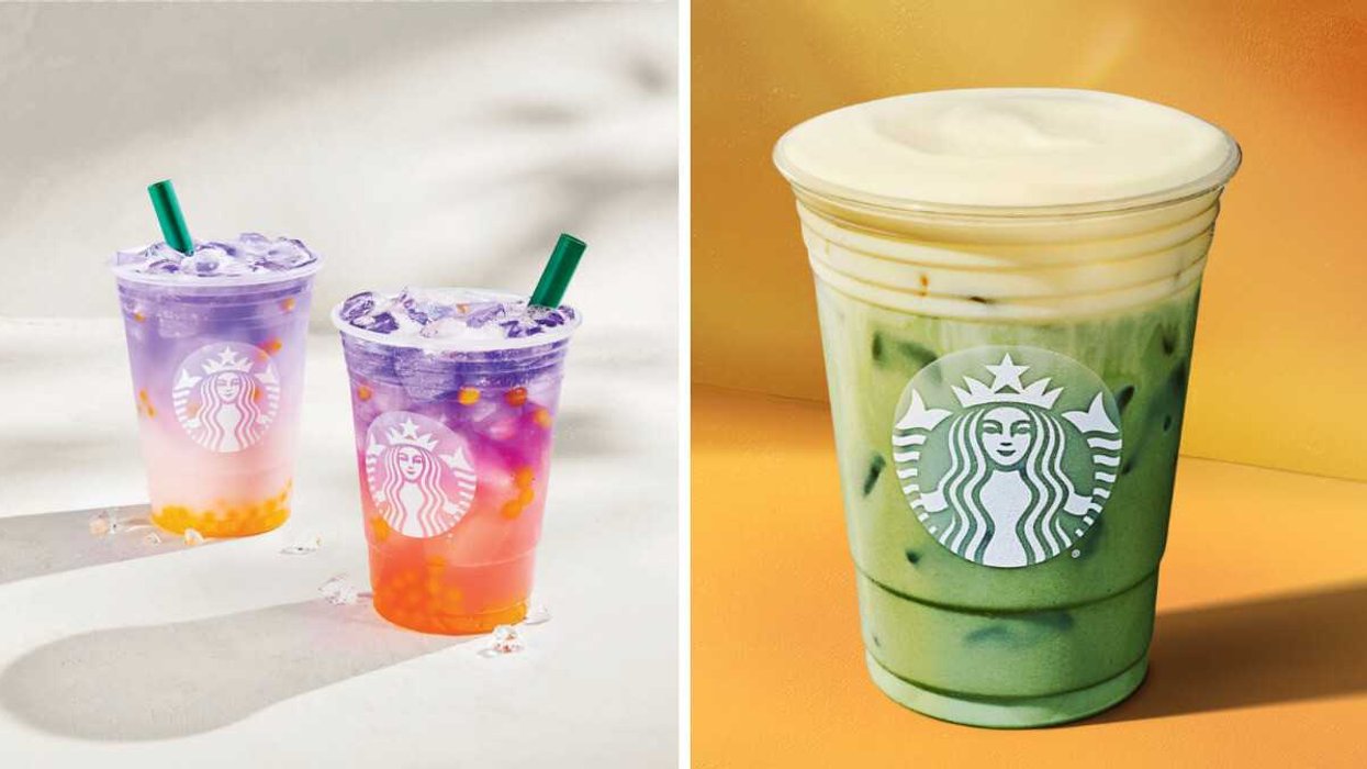 Le Refresher Papillon tropical, nouveauté chez Starbucks Canada. Droite : Le nouveau matcha glacé avec crème à la mangue chez Starbucks.