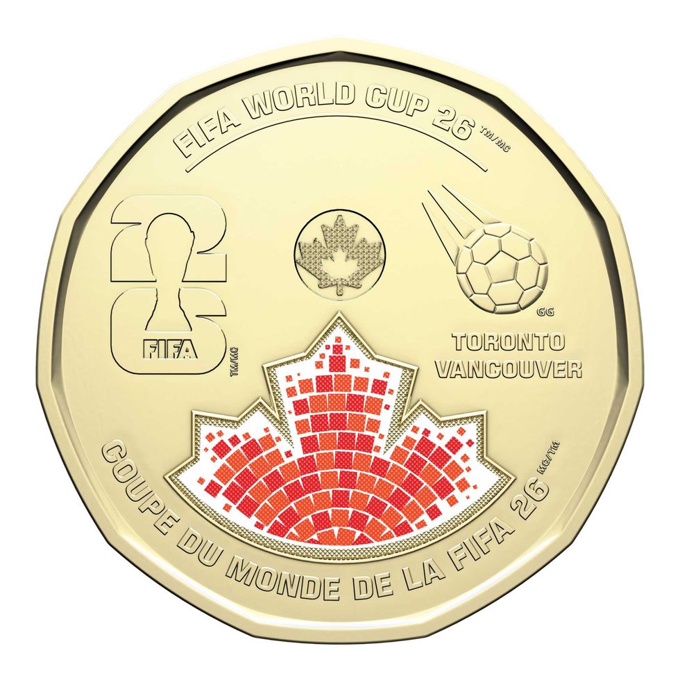 Le revers de la pi\u00e8ce comm\u00e9morative de la Monnaie royale canadienne (MRC) c\u00e9l\u00e9brant la Coupe du Monde de la FIFA 2026.