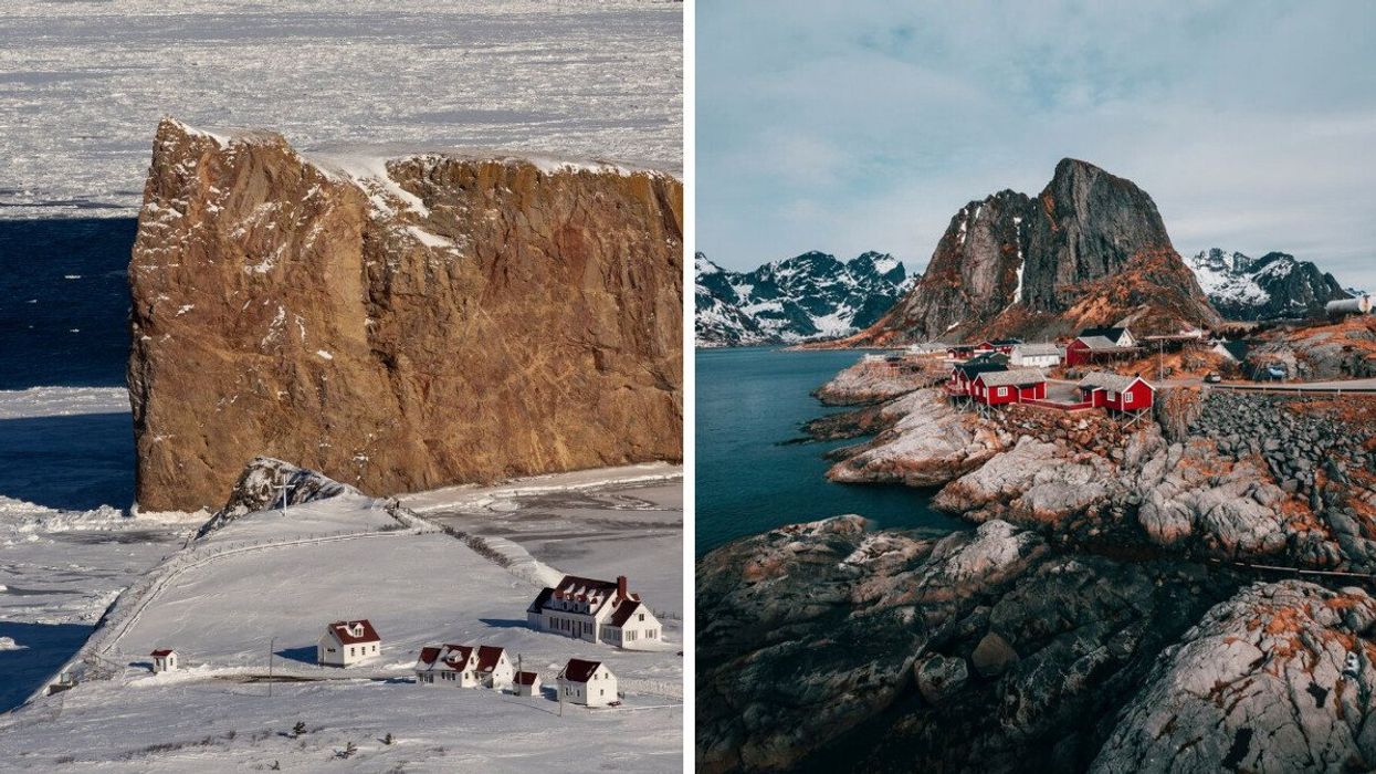 le rocher percé en hiver avec des maisons. Droite: un petit village avec des maisons rouges en scandinavie.