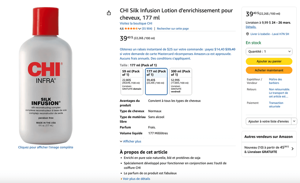 Le S\u00e9rum Infra Silk Infusion de CHI sur Amazon Canada.