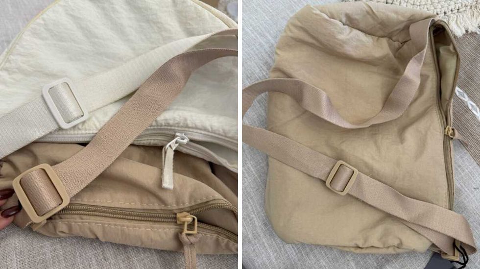 Le sac d'Uniqlo et le sac beige. Droite : Le sac du Dollarama.