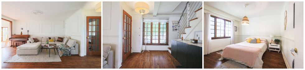 Le salon. Centre : Les escaliers. Droite : Une chambre.