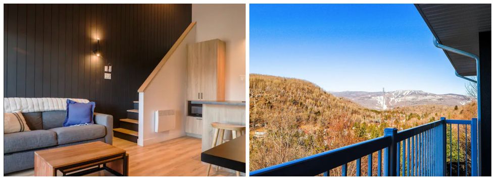 Le salon d'un condo \u00e0 louer dans les Laurentides. Droite : La vue \u00e0 partir du balcon du condo.