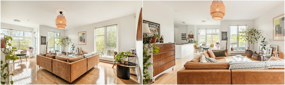 Le salon du condo \u00e0 vendre de Claude B\u00e9gin. Droite : Le salon, la salle \u00e0 manger et la cuisine.