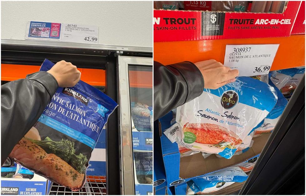 Le saumon de l\u2019Atlantique de la marque Kirkland Signature au Costco. Droite : Le saumon de l\u2019Atlantique de la marque Olivia au Costco