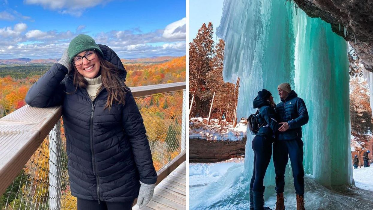 Le Sentier des cimes Laurentides. Droite : Les murs de glace du parc naturel régional de Portneuf.
