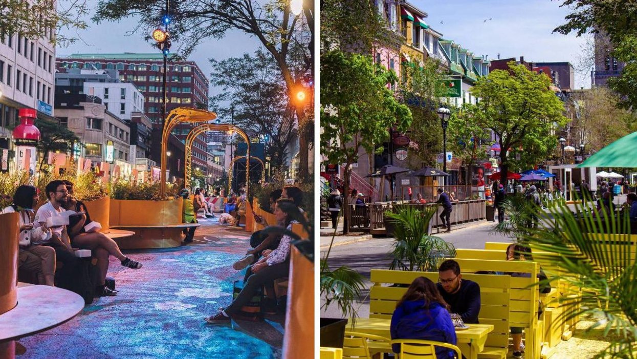 Le Sentier des Jasettes à Montréal. Droite : La rue Saint-Denis à Montréal.