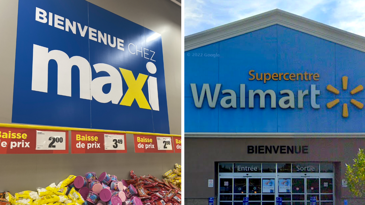 Le signe de bienvenue d'un Maxi. Droite : La façade d'un Walmart.