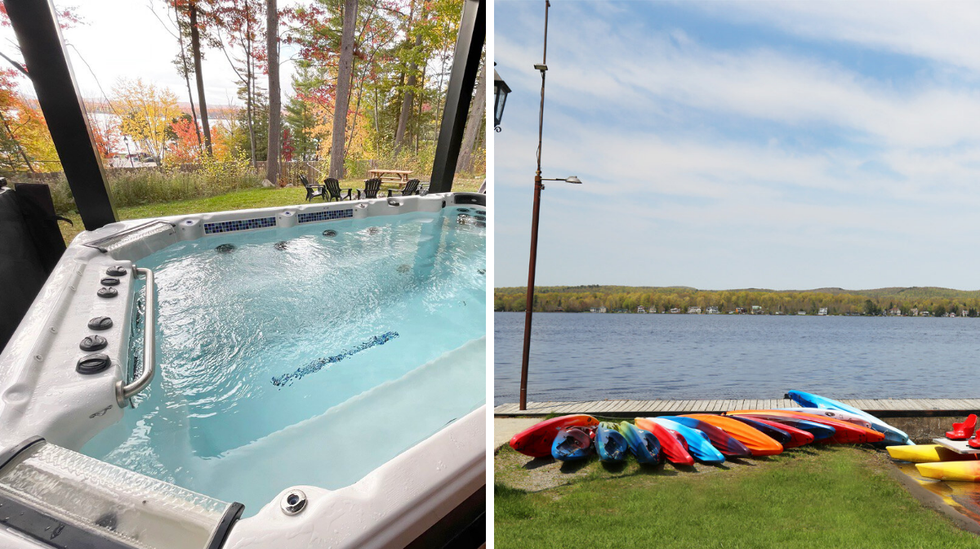 Le spa. Droite : Des kayaks pr\u00e8s du bord de l'eau.