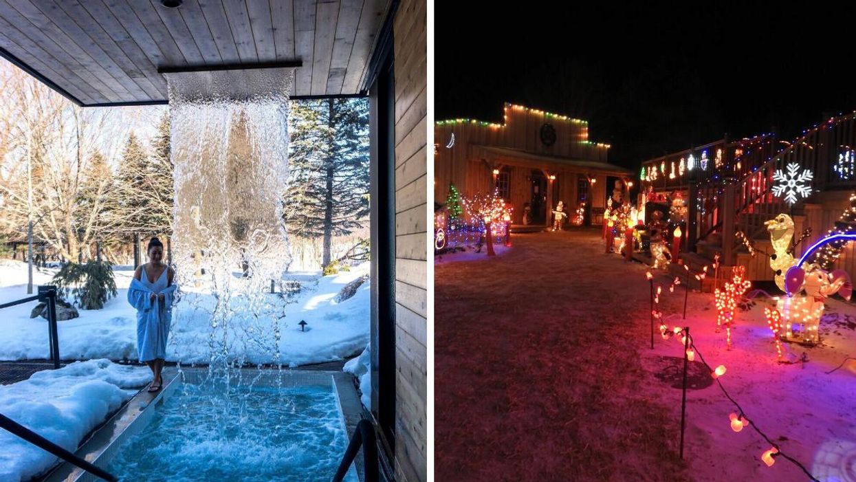 Le Strøm spa nordique du Mont-Saint-Hilaire. Droite : Notre Monde Magique de Noël.