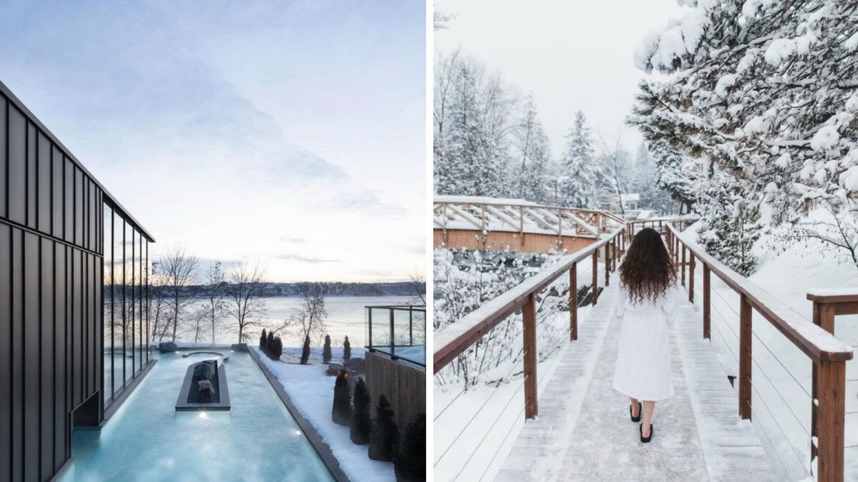 Le Strøm Spa Nordique du Vieux-Québec. Droite : Une femme marche sur la passerelle enneigée.