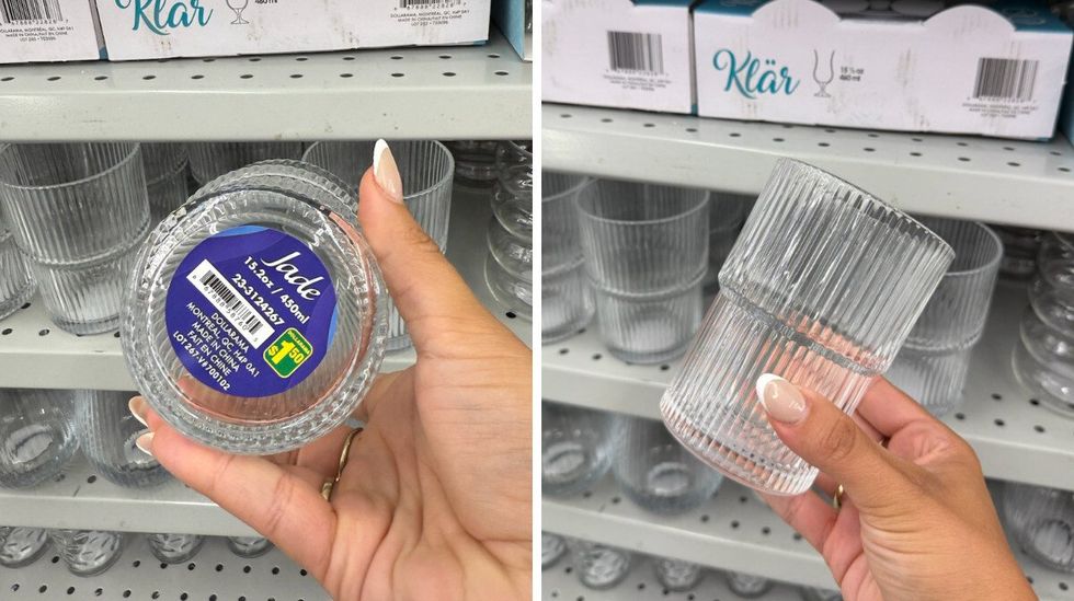 Le verre du Dollarama vu de dessous. Droite : Le verre du Dollarama dans une main.