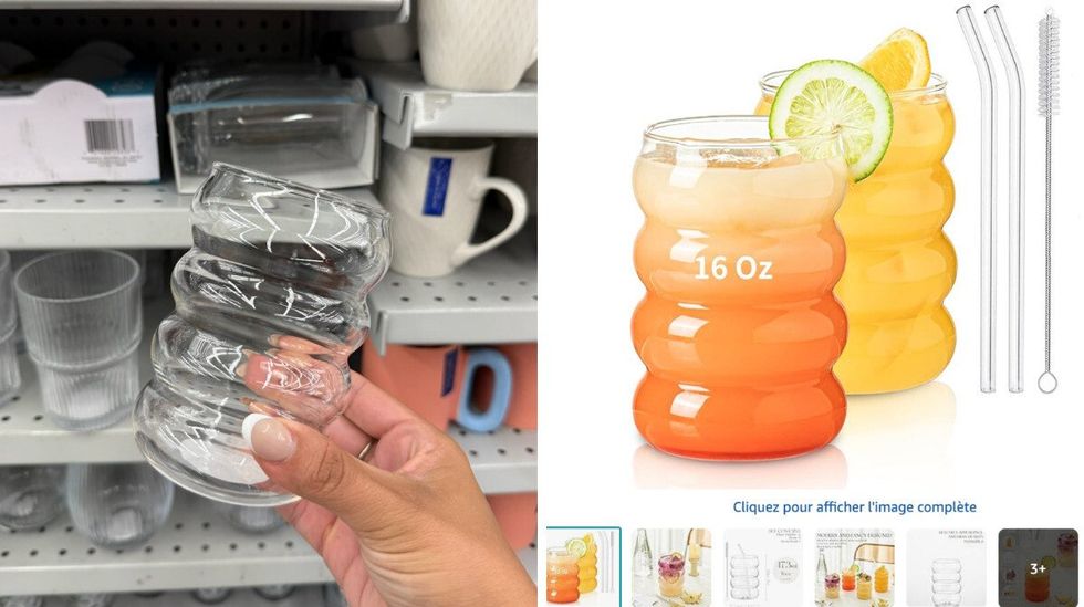 Le verre \u00ab bulles \u00bb du Dollarama. Droite : \u00ab KEMORELA Lot de 2 verres \u00e0 bulles avec pailles \u00bb sur Amazon Canada.