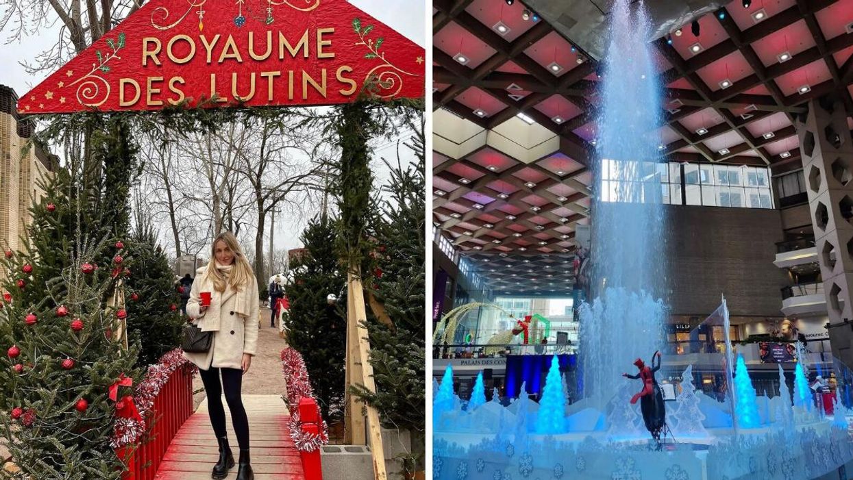 Le Village de Noël de Montréal. Droite : Le décor des Fêtes au Complexe Desjardins à Montréal.