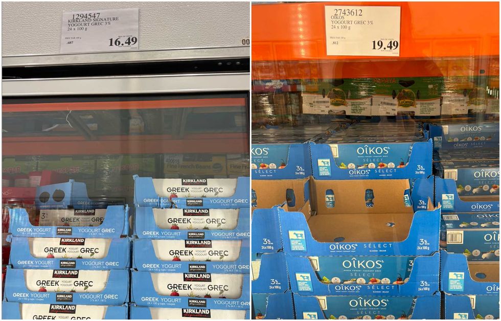 Le yogourt grec de la marque Kirkland Signature au Costco. Droite : Le yogourt grec de la marque Oikos au Costco