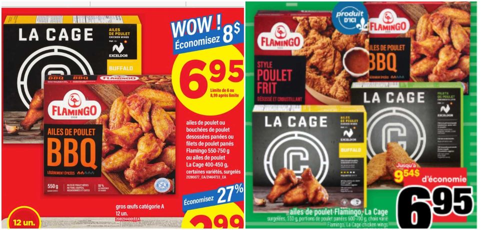 Les ailes de poulet Flamingo et La Cage dans la circulaire du Maxi. Droite : Les ailes de poulet Flamingo et La Cage dans la circulaire du Super C.