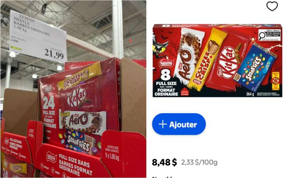 Les barres de tailles orginales Nestle au Costco. Droite : Les barres de tailles orginales Nestle sur le site du Walmart.