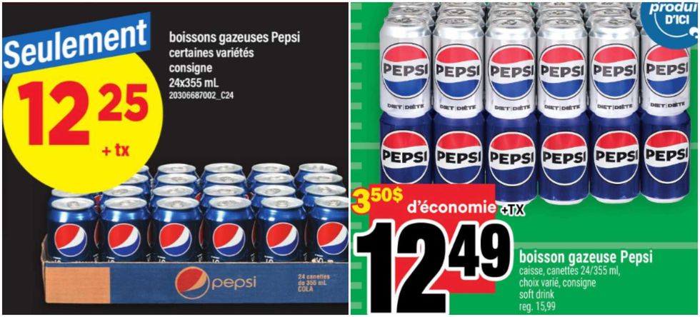 Les boissons gazeuses Pepsi en canettes dans la circulaire du Maxi. Droite : Les boissons gazeuses Pepsi en canettes dans la circulaire du Super C.