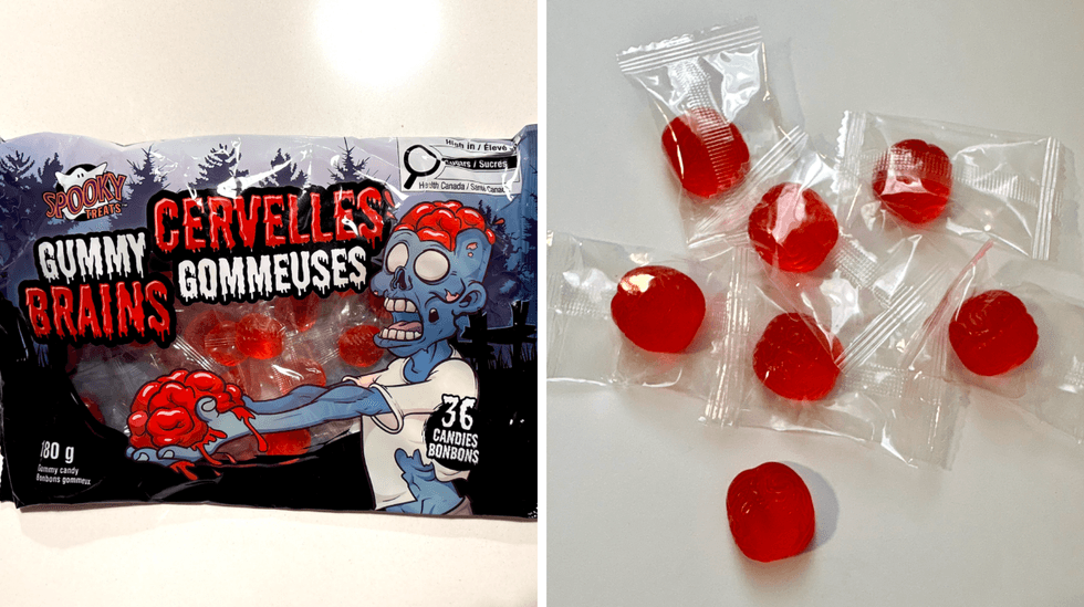 Les bonbons Cervelles gommeuses de la marque Spooky Treats. Droite : Les bonbons Cervelles gommeuses, une friandise g\u00e9latineuse en forme de cerveau.