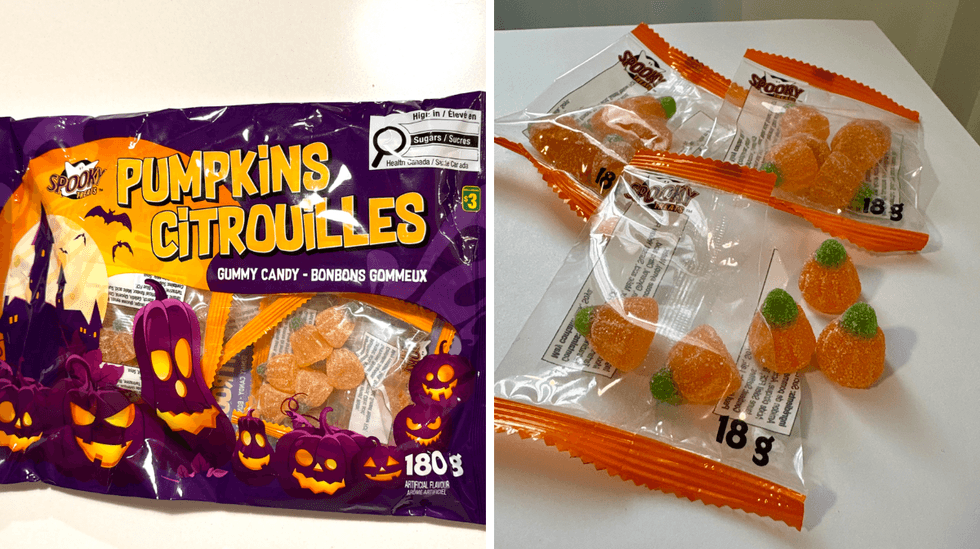 Les bonbons Citrouilles de la marque Spooky Treats. Droite : Les bonbons Citrouilles, une friandise gommeuse recouverte de sucre.