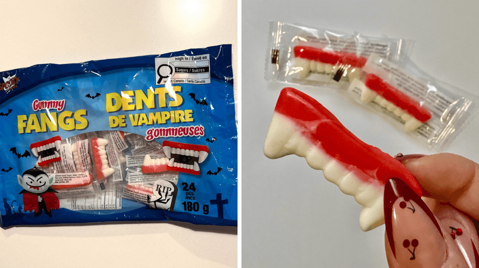 Les bonbons Dents de vampire de la marque Spooky Treats. Droite : Le bonbon Dents de vampire, une friandise g\u00e9latineuse en forme de dentier de vampire.