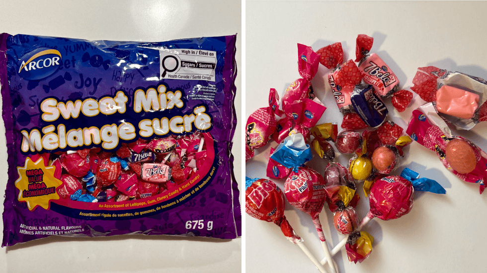 Les bonbons M\u00e9lange sucr\u00e9 de la marque Arcor. Droite : Un assortiment de su\u00e7ons, gommes, bonbons \u00e0 m\u00e2cher et friandises dures provenant du m\u00eame sac.