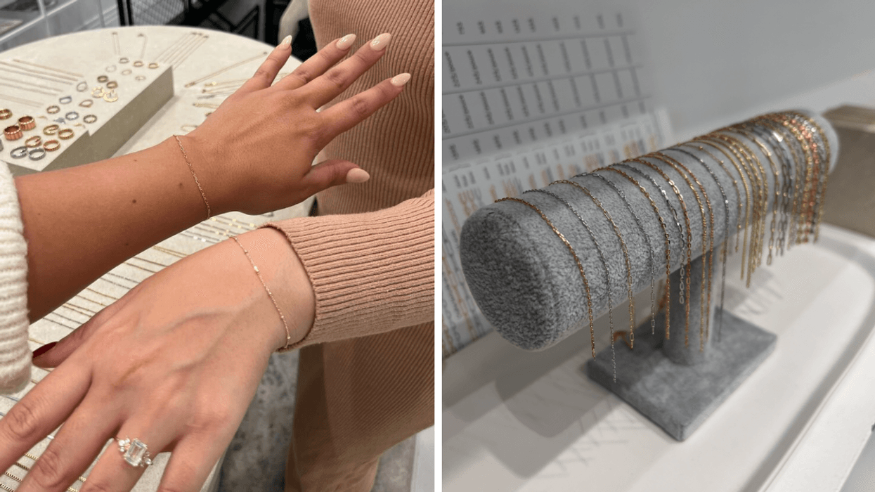 Les bras de deux personnes avec un bracelet permanant. Droite : Les options de chaines de la boutique Prysm à Montréal.