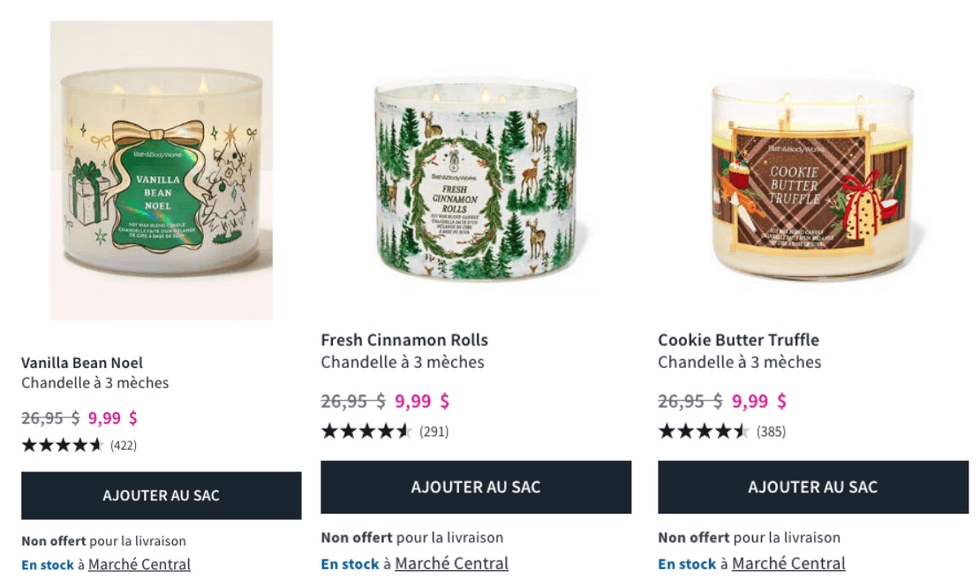 Les chandelles \u00e0 trois m\u00e8ches de No\u00ebl du Bath & Body Works \u00e0 rabais \u00e0 9,99 $ pendant le solde semi-annuel.