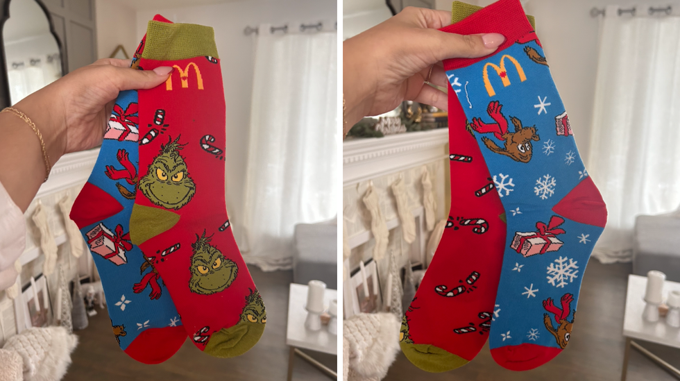 Les chaussettes d\u00e9pareill\u00e9es de la bo\u00eete du Grincheux du McDonald's. Droite : Les chaussettes d\u00e9pareill\u00e9es de la bo\u00eete du Grincheux du McDonald's.