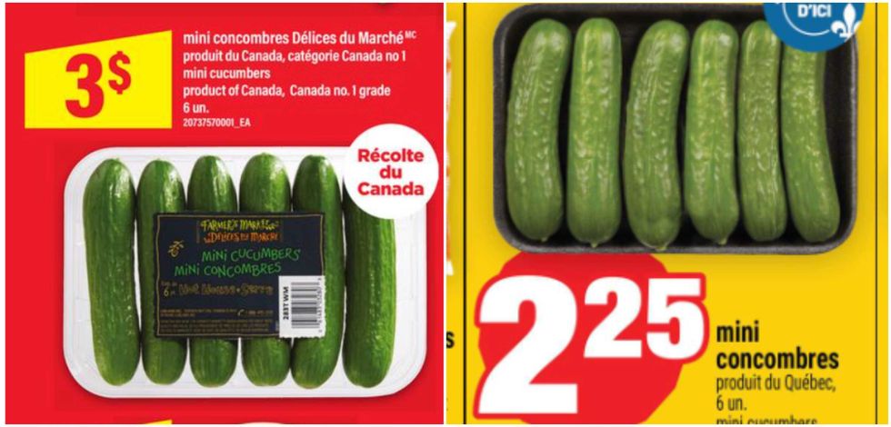 Les concombres en rabais au Maxi. Droite : Les concombres en rabais au Super C