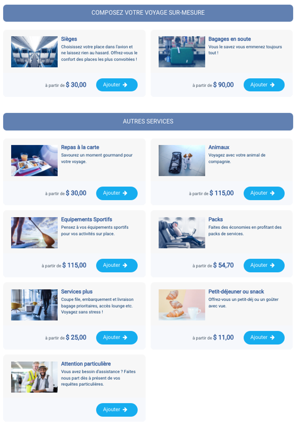 Les diff\u00e9rentes options de suppl\u00e9ment lors d'une r\u00e9servation sur French bee.