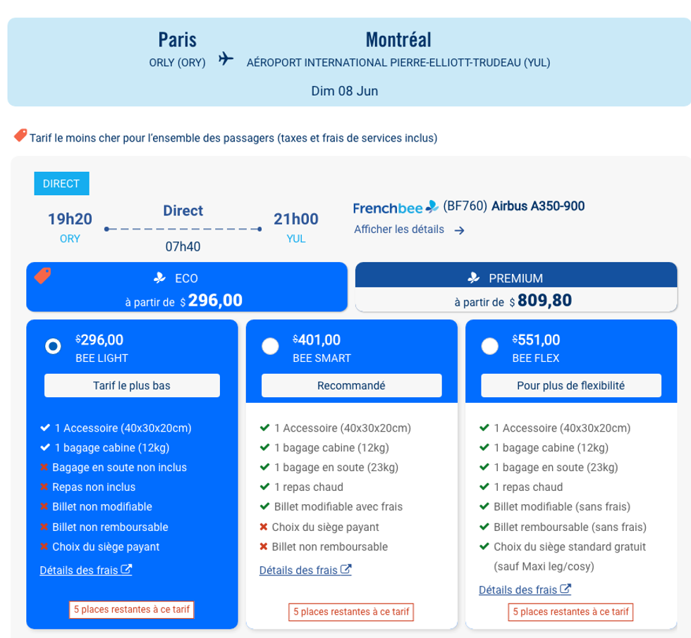 Les diff\u00e9rents forfaits lors de la r\u00e9servation avec French bee.